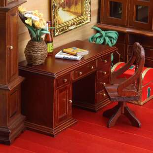 1:12娃娃屋miniature furniture木质迷你家具复古书房场景书桌椅