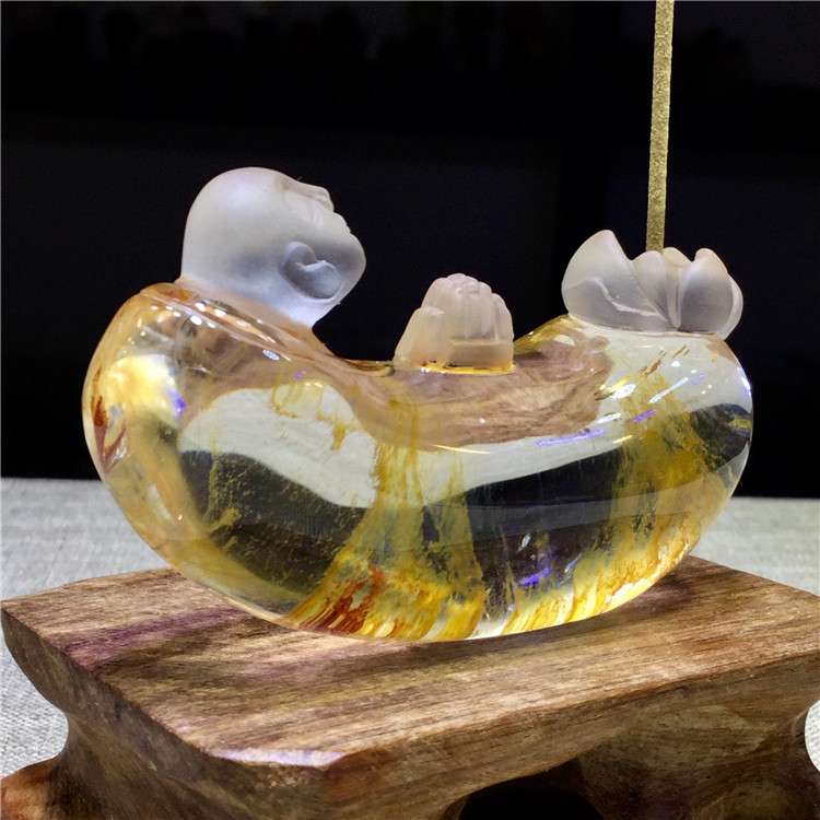 东海水晶天然红胶花黄胶花聚宝盆悟道莲花香插小把玩件摆件