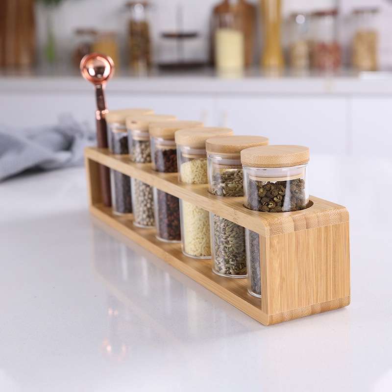 跨境轻奢调味罐玻璃调味瓶香料厨房储物罐竹架套装胡椒海盐密封瓶