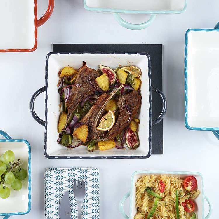 华孚陶瓷四季烤盘方形双耳焗饭碗 家用西餐盘烤箱专用餐具菜盘子