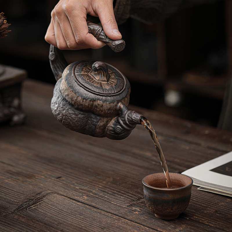 鎏金南瓜提梁壶 日式手工粗陶茶壶单壶陶瓷功夫泡茶器 蜡烛温茶壶