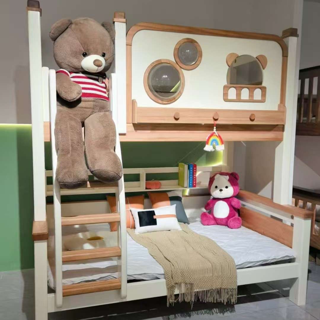 纯实木高护栏床儿童上下双层床树屋子母原木木蜡油两层高低床