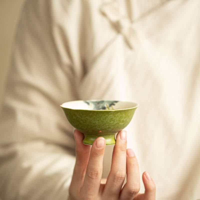 传统茶杯小青洒金花口茶杯斗笠杯品茗杯高足主人杯新中式家用陶瓷