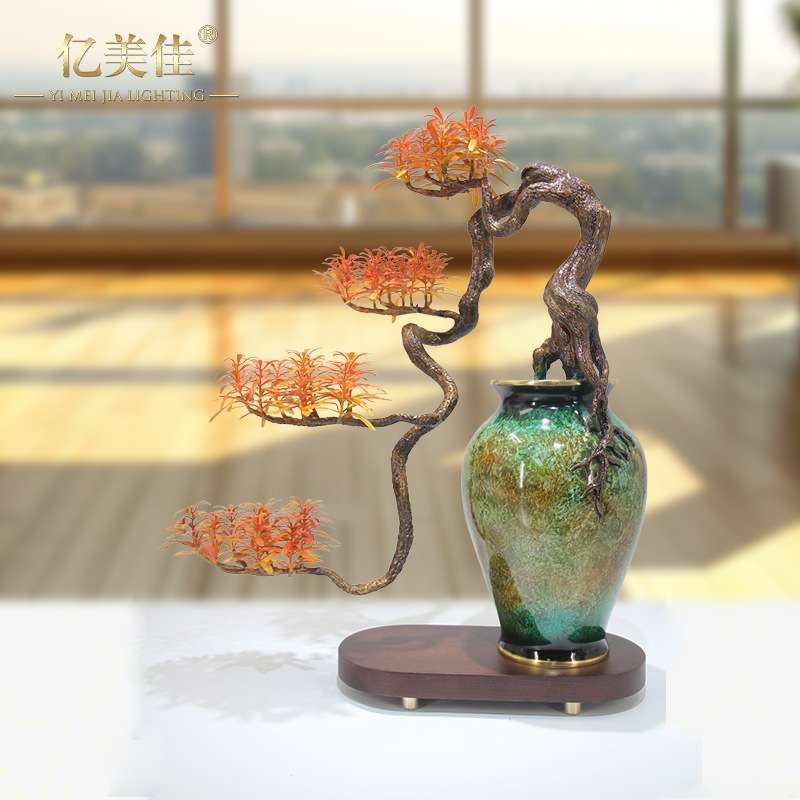 亿美佳0549罗汉松圆瓶盆景罗汉松 风水摆件家居饰品送礼全铜摆件