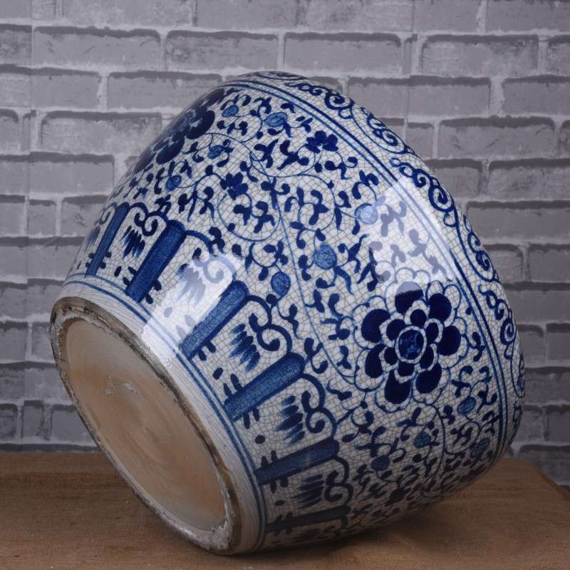 手绘青花缠枝莲仿古开片裂纹釉金鱼缸风水缸栽花养鱼缸书房字画缸