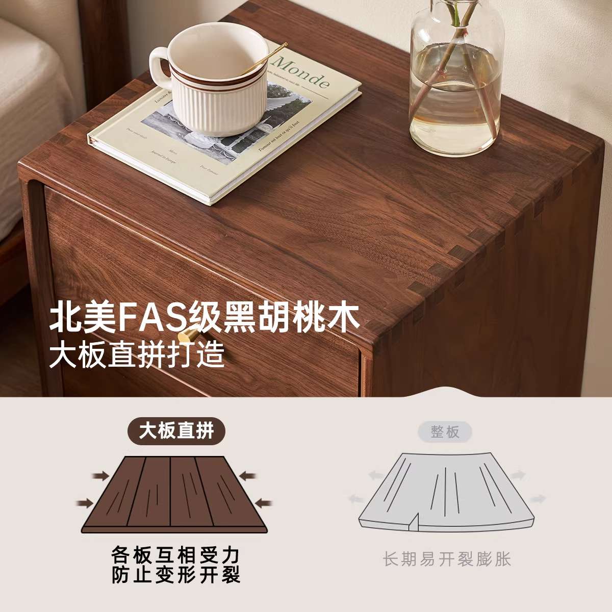 戈雅床头柜两抽实木床头柜现代简约黑胡桃木抽屉柜床边储物收纳柜
