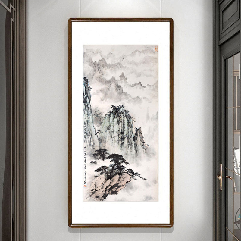 董寿平黄山风景水墨画有框办公室书房竖版字画有山无水靠山图挂画