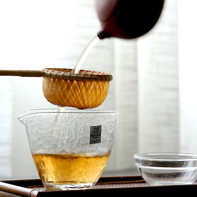 美物工坊竹编茶滤套装玻璃底座圆形带柄铁滤网茶漏日式功茶具配件