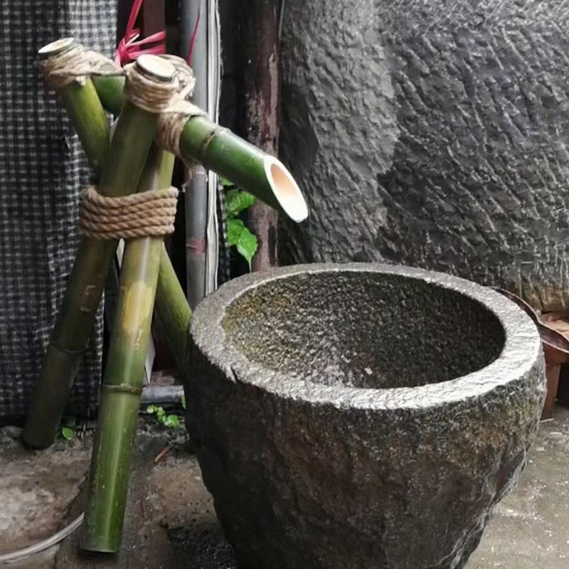 惊鹿流水日式庭院竹子石钵水景造景古法鱼缸循环过滤水竹制喷泉