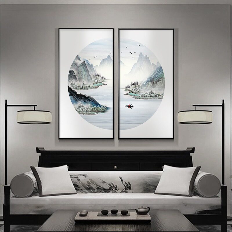 茶室背景墙装饰画高档大气山水画客厅壁画水墨风景墙壁沙发挂画新