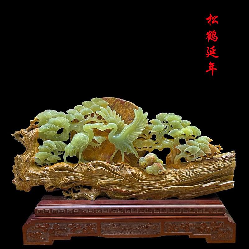 轻奢玉石迎客松摆件中式家居客厅入户玄关电视酒柜办公室高档装饰