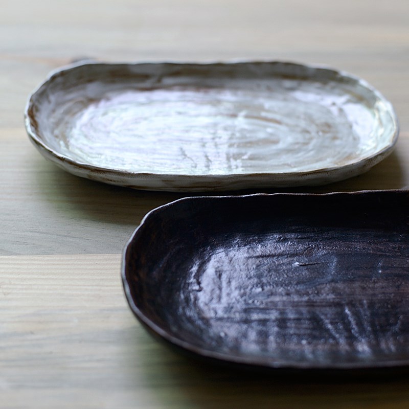 向美 粗陶复古盘子菜盘家用长方形 创意碟子牛排餐盘鱼盘陶瓷个性