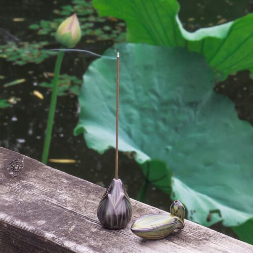 倚风堂【荷花香插】荷花陶土青釉香插禅意线香插家用香器香托