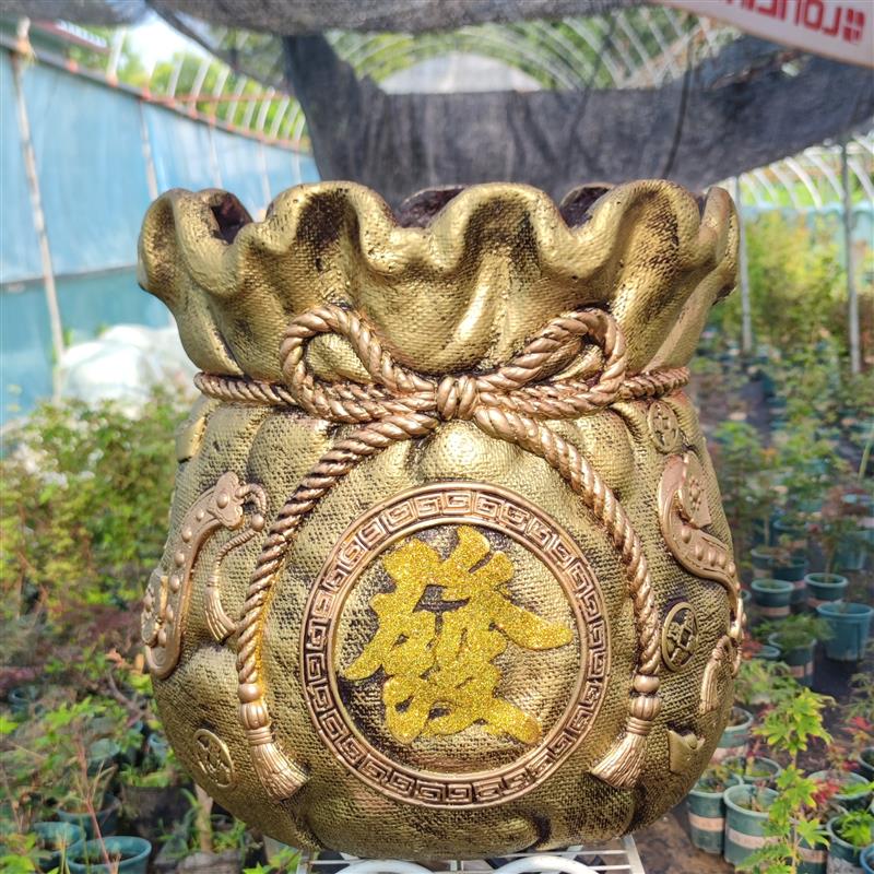仿陶瓷花盆氧化镁聚宝盆特大号古铜色钱袋招财进宝浮雕花盆发财树
