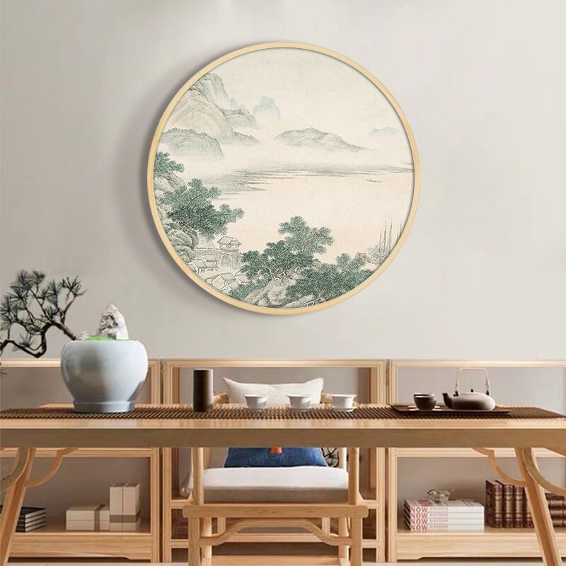 圆形山水挂画遮挡箱装饰画电表国画玄关中式背景墙客厅新中式定做