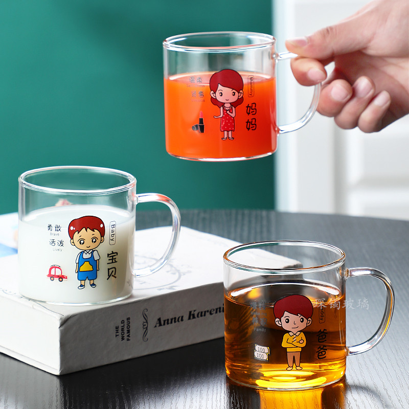 玻璃水杯亲子杯加厚耐高温杯子创意一家四口专用喝水早餐杯牛奶杯