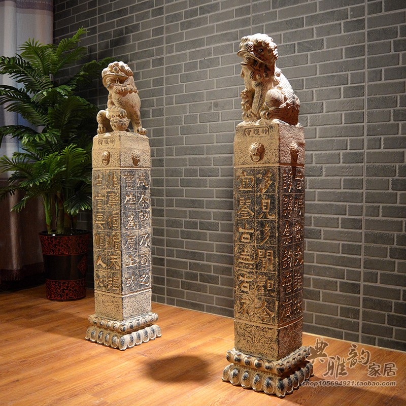 新中式复古拴马桩仿石雕仿石柱狮子柱子栓马石玄关创意守护神摆件