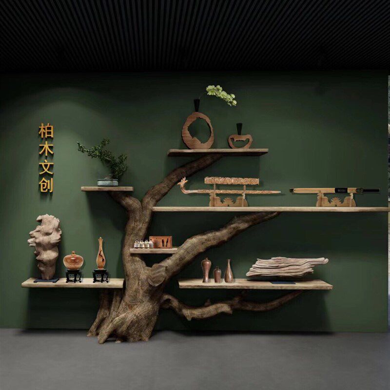 侘寂风香樟木博古架置物架宅寂风复古实木博古架创意特色家具定制
