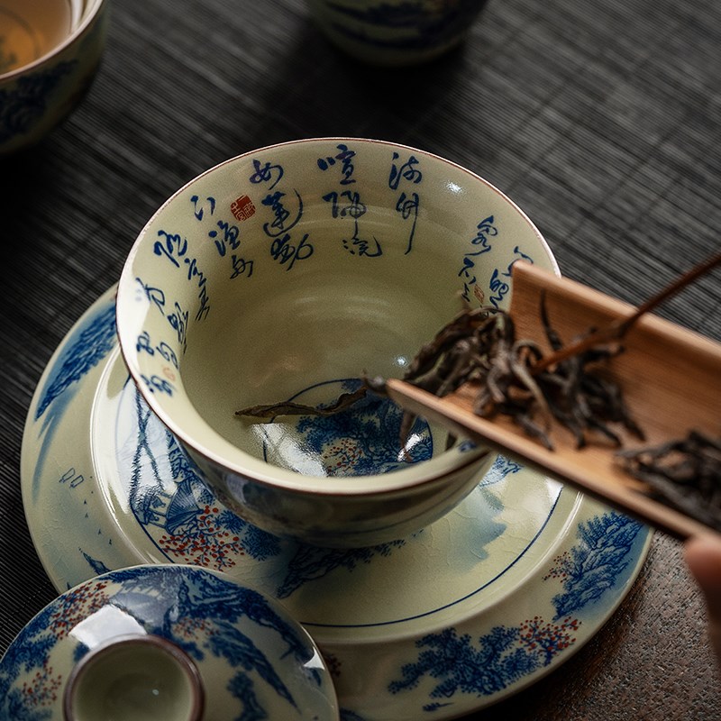 老陶泥仿古手绘三才盖碗茶杯单个大号开片山水泡茶碗高端家用茶盏