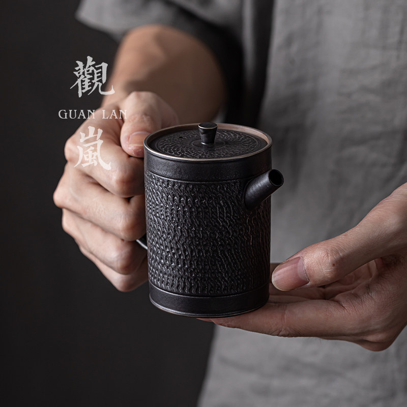 观岚古黑鎏银中式手工陶瓷小茶壶家用功夫茶具泡茶壶直身茶壶单壶
