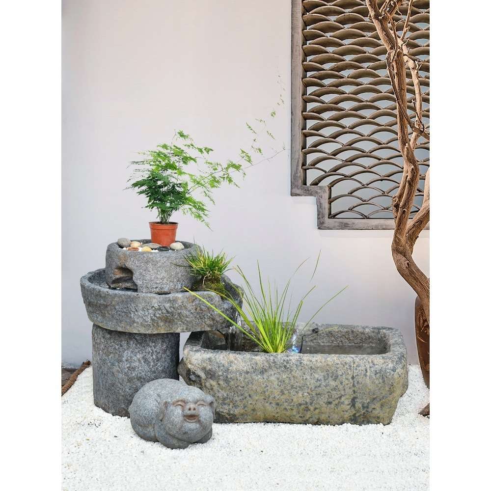 中式假山流水摆件庭院装饰落地喷泉石槽水池仿真石头造景松树景观