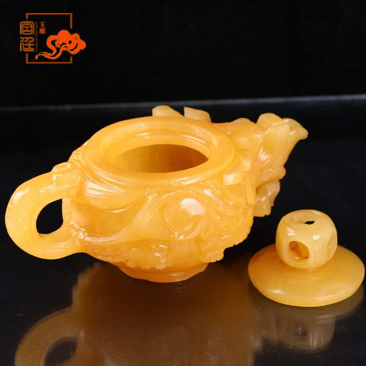 源头厂家专业玉雕工艺品 米黄玉龙茶壶桌面摆件