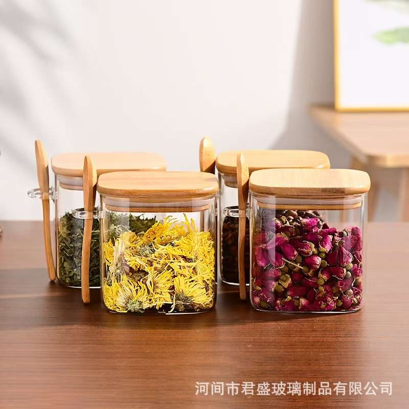 跨境4件套玻璃密封罐套装方形带勺储物罐厨房玻璃调料盒收纳罐