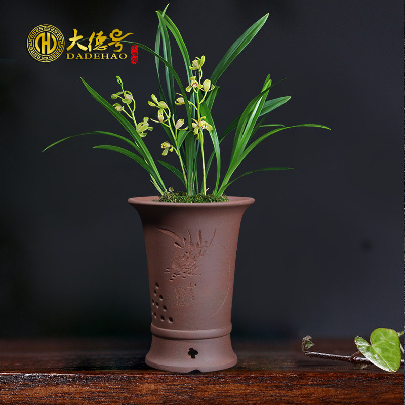 大德号宜兴紫砂陶瓷兰花花盆透气带托盘创意君子蝴蝶兰蓝草专用盆