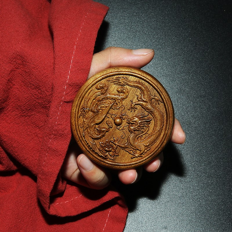 如楠金丝楠木小叶桢楠随身镜中国风龙凤送礼随身便携化妆镜小镜子
