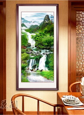 绿色风景流水生财山水画玄关装饰画竖版自粘贴假框画走廊过道客厅