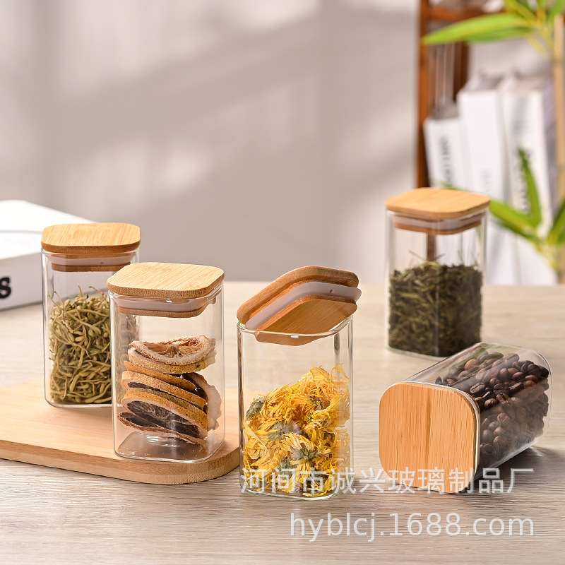 跨境玻璃6件套密封罐套装方形 储物罐厨房玻璃调料盒调味品收纳