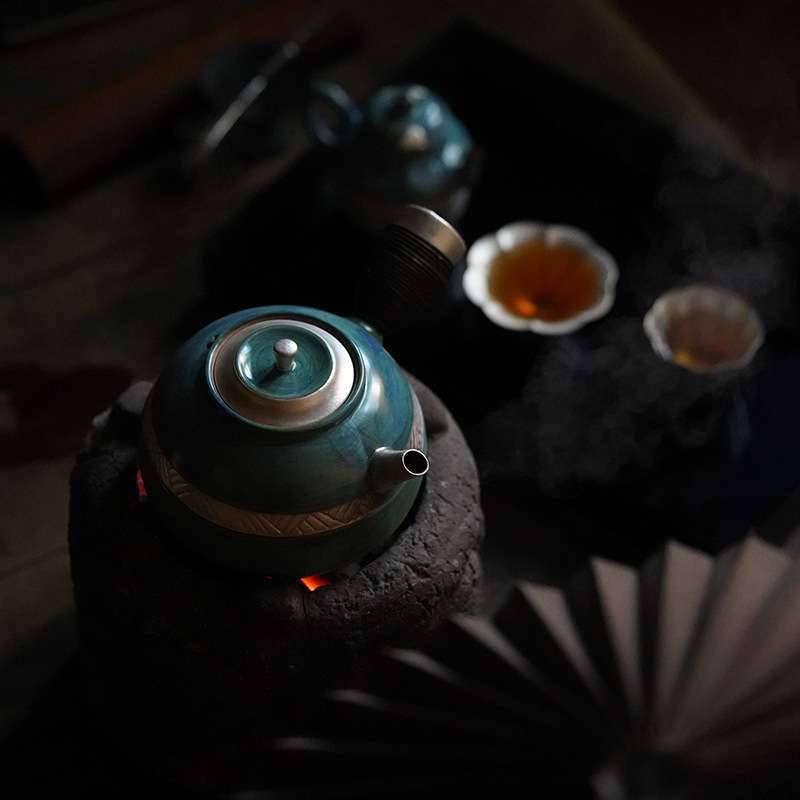 梵汝粉引腰带鎏银井拙侧把提梁壶户外粗陶炭烧围炉煮茶煮茶壶防烫