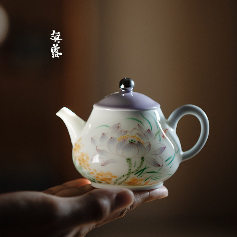 无落景德镇手绘莲花小茶壶陶瓷描白金茶壶小号泡茶壶家用喝茶过滤