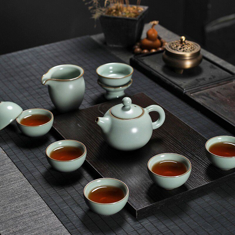 汝窑功夫茶具套装家用手工冰裂纹陶瓷三才盖碗茶杯泡茶壶复古整套
