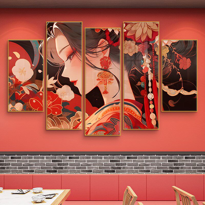 国潮风墙面装饰画火锅店饭店包厢包间背景墙壁画京剧花旦脸谱挂画