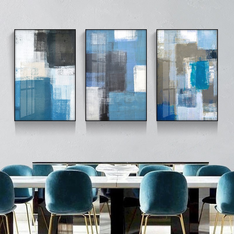 北欧简约客厅沙发背景墙装饰画三联组合抽象几何挂画金属外框壁画