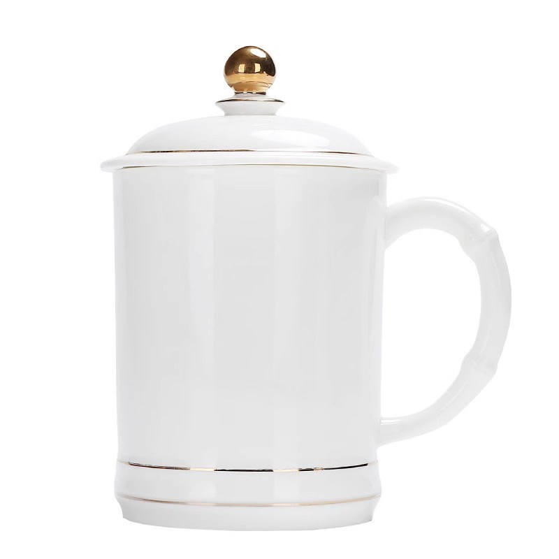 羊脂玉白瓷茶杯办公杯茶水分离陶瓷水杯大容量带盖杯子马克杯定制