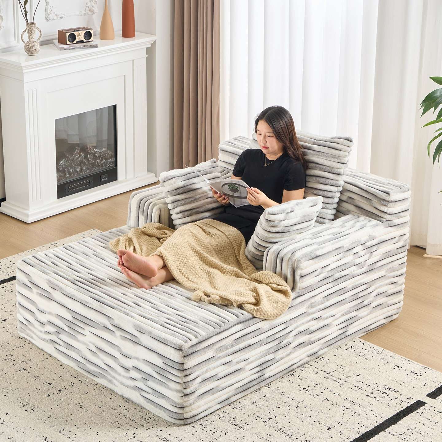 懒人粗条绒羽绒灰色巨大无骨座椅可拆洗组合客厅阳台卧室懒人沙发