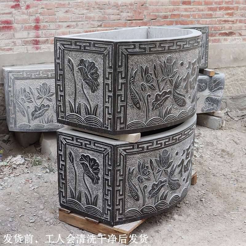 石雕鱼缸壁盆青石仿古荷花缸家用石槽别墅庭院阳台养鱼石头槽水槽