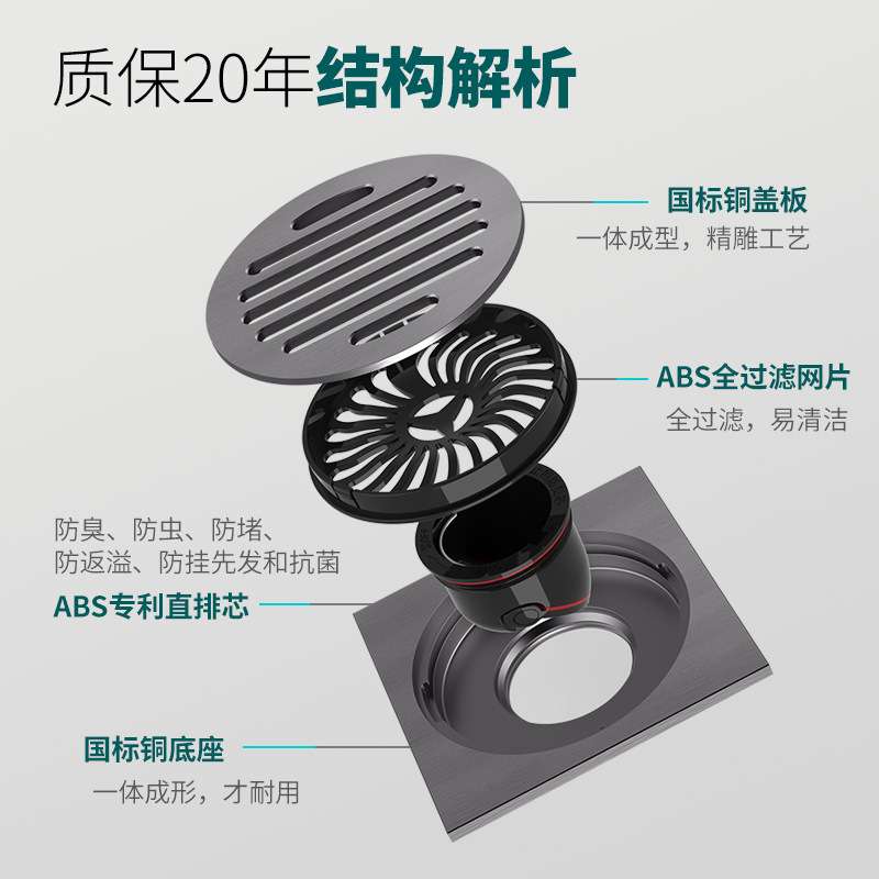 全铜地漏浴室大排量干湿区厨房阳台卫生间移位铜防虫防臭条形速排