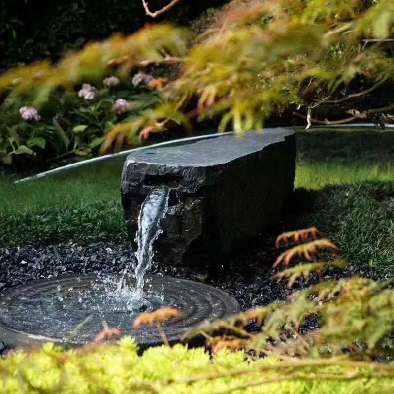 黑山石水钵庭院水池水景喷泉户外流水石雕涌泉园林中式异形盆摆件