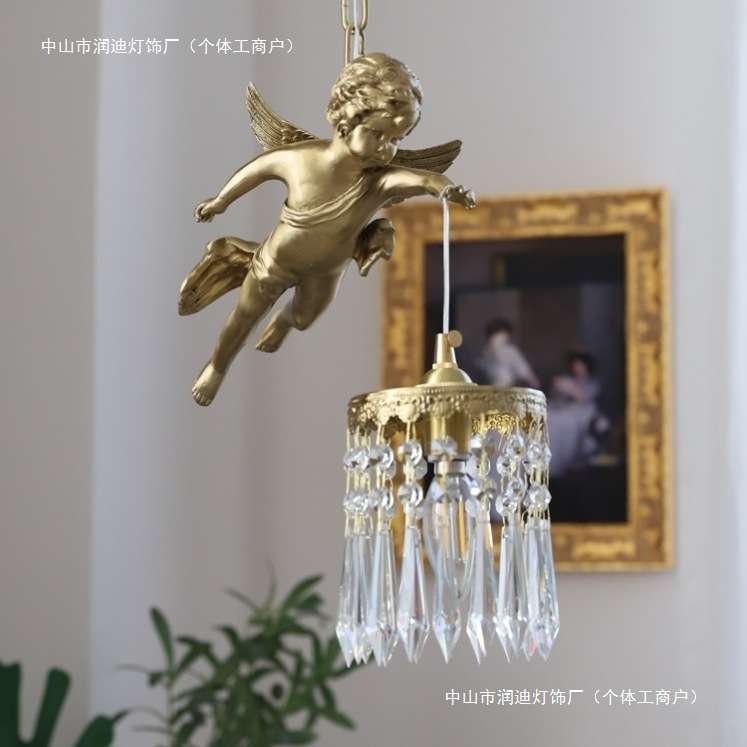 法式客厅复古水晶全铜天使小吊灯中古风走廊入户玄关阳台床头灯具