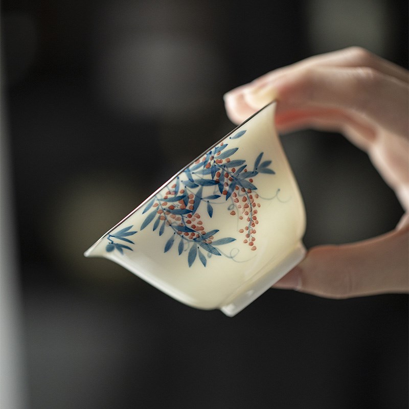 一品仟堂青己手绘青花盖碗功夫茶具家用陶瓷泡茶碗文人器紫藤盖碗