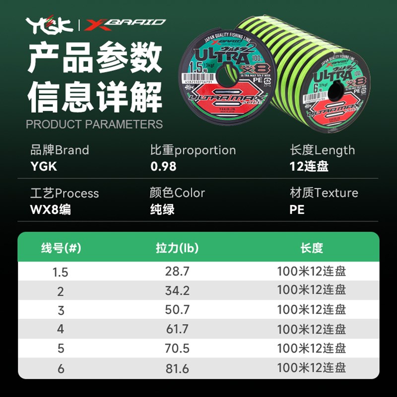 YGK WX8编12连盘绿色路亚PE线超强拉力远投耐磨顺滑钓鱼线主线