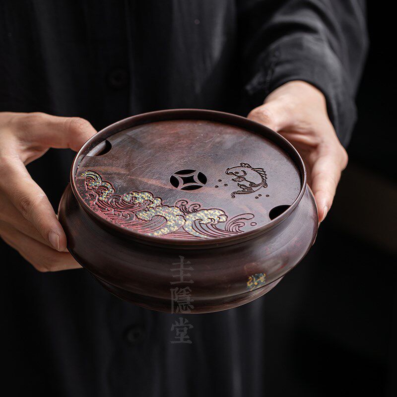 圭隐堂手工锦鲤纯铜茶盘壶承家用储水干泡台茶壶托盘茶托小号茶台