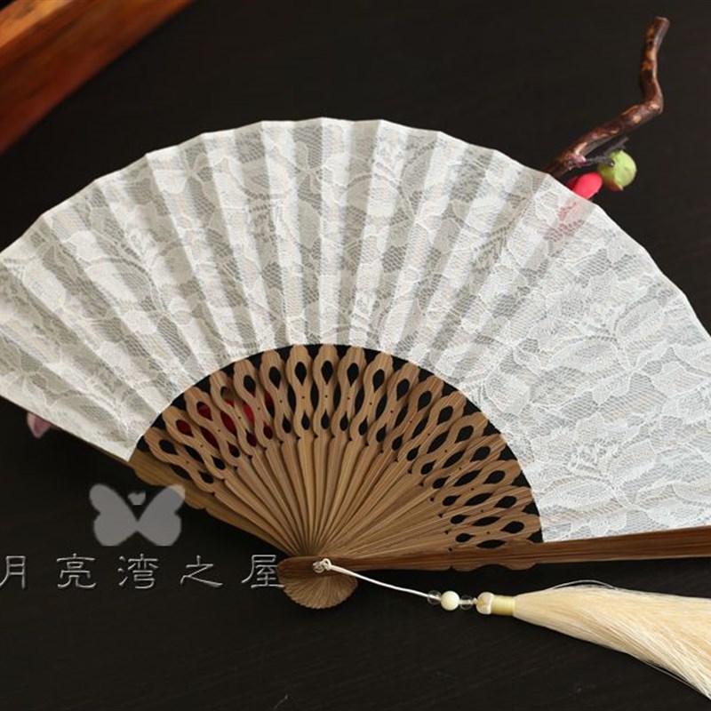 月亮扇 精美蕾丝布女扇6寸折扇复古风古典旗袍扇折叠扇礼品扇礼盒