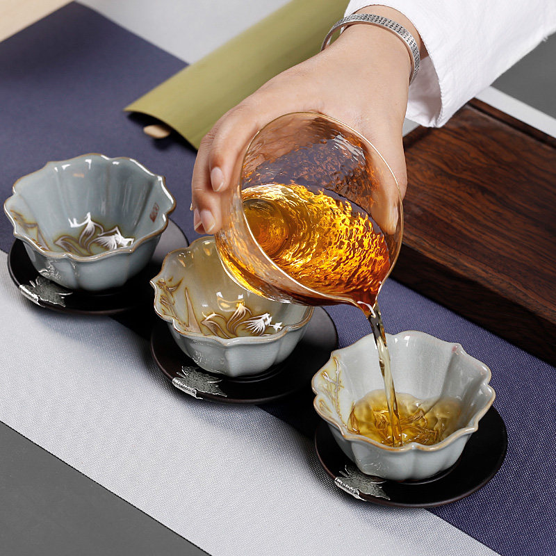 手绘银莲花汝窑茶杯个人杯开片可养大号汝瓷茶盏主人杯纯手工单杯