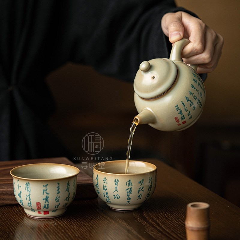 高档秘色汝窑小茶壶复古汝瓷开片壶青花古诗家用陶瓷功夫茶具
