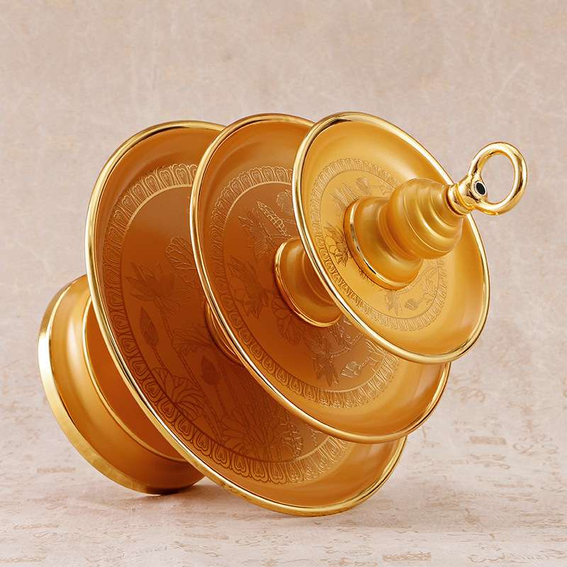 圆通工艺铜合金三层珍珠金莲花果盘水果盘莲花供盘供具供品铜果盘