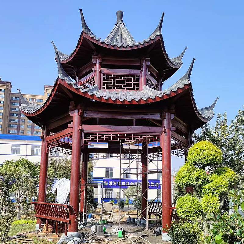 小青瓦六角双层凉亭户外园林景观凉亭公园庭院碳化木休闲四角亭